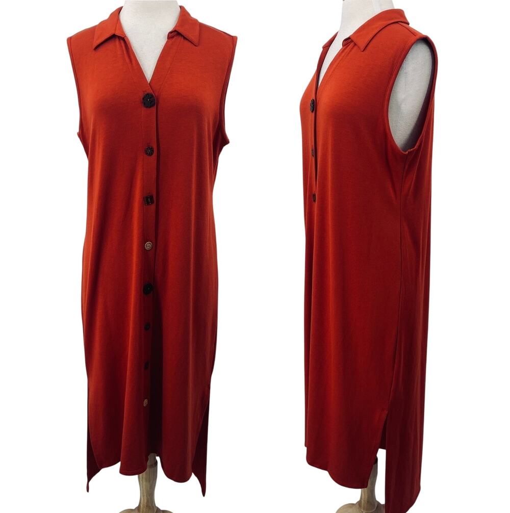 Soft Surroundings Jersey Knit Midi Dress Mismatched Button Down Rust Orange